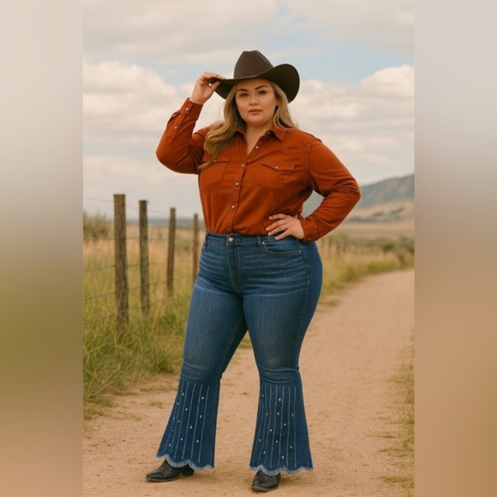 NWT EST. 1946 Denim Women's Jeans 18W‎ Flare Embellished Scallop Hem High Rise